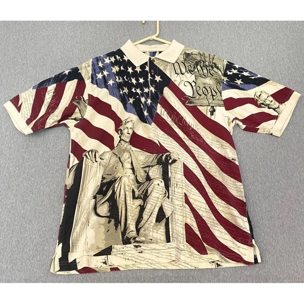 Cotton Traders Sport Polo Shirt Mens Large Multicolor American Lincoln Flag